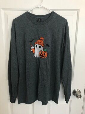 Halloween Gildan Embroidered Ghost Latte Pumpkin Bat T-Shirt Uni-Sex Size L Blue